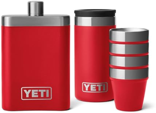 YETI 7 OZ FLASK WITH MATCHING SHOT GLASSES SET, RESCUE RED