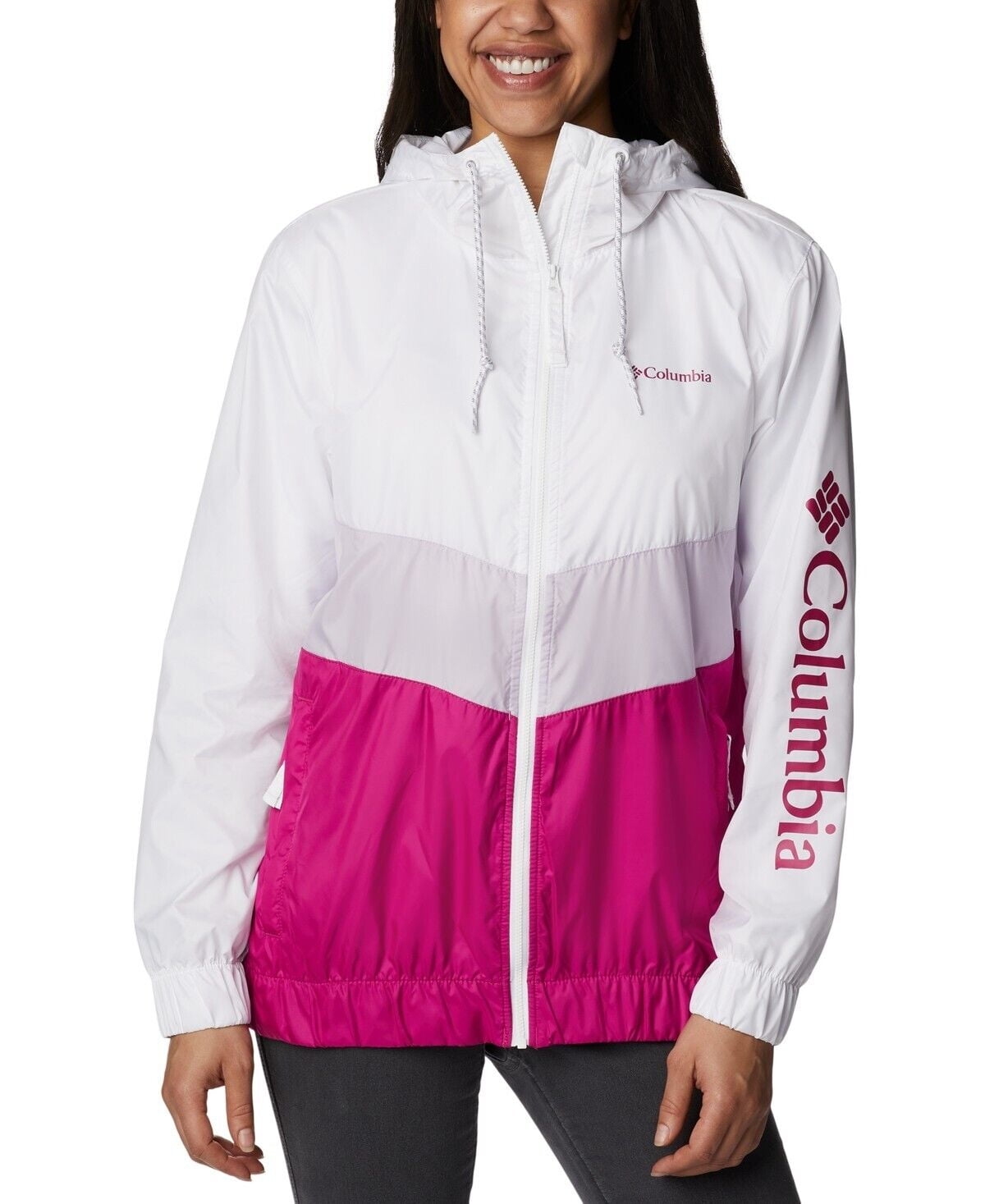 COLUMBIA SANDY SAIL WINDBREAKER JACKET - WHITE/PINK, SIZE XS - $80 MSRP