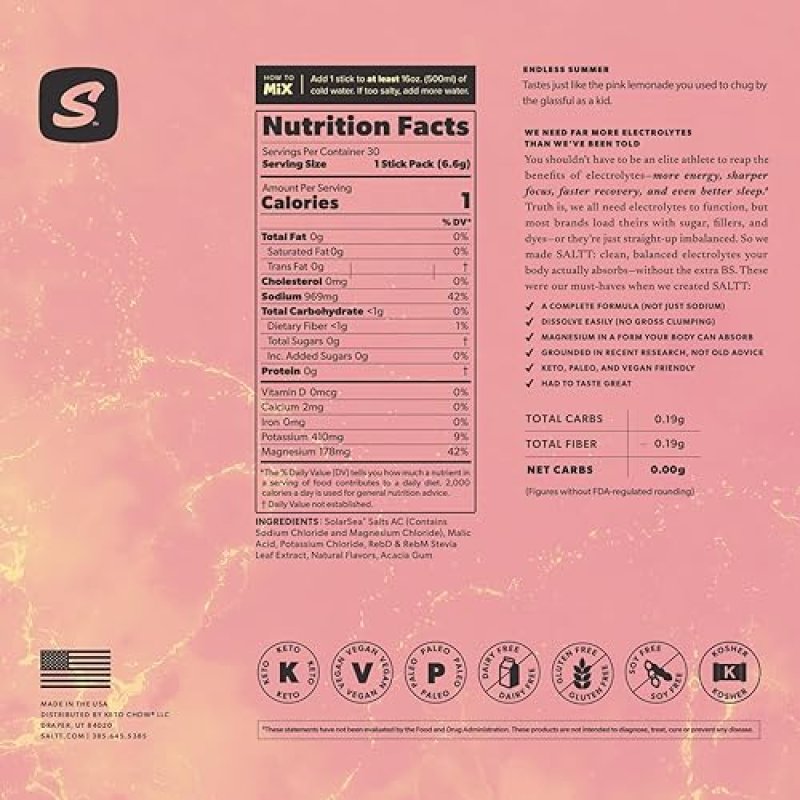 KETO CHOW SALTT ELECTROLYTES POWDER DRINK MIX - ENDLESS SUMMER FLAVOR - 30 PACKETS - HYDRATION WITH MINERALS - SUGAR & GLUTEN FREE - TRAVEL SIZE