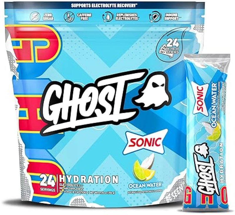 GHOST SONIC OCEAN WATER ELECTROLYTE POWDER - VEGAN HYDRATION SUPPLEMENT, 24 STICKS