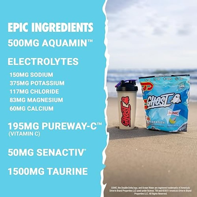 GHOST SONIC OCEAN WATER ELECTROLYTE POWDER - VEGAN HYDRATION SUPPLEMENT, 24 STICKS