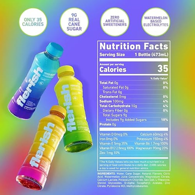 FLERISH WATERMELON ELECTROLYTE BEVERAGE | MAGNESIUM & L-THEANINE | NO ARTIFICIAL SWEETENERS | 35 CALORIES | 6-PACK, 16 FL OZ