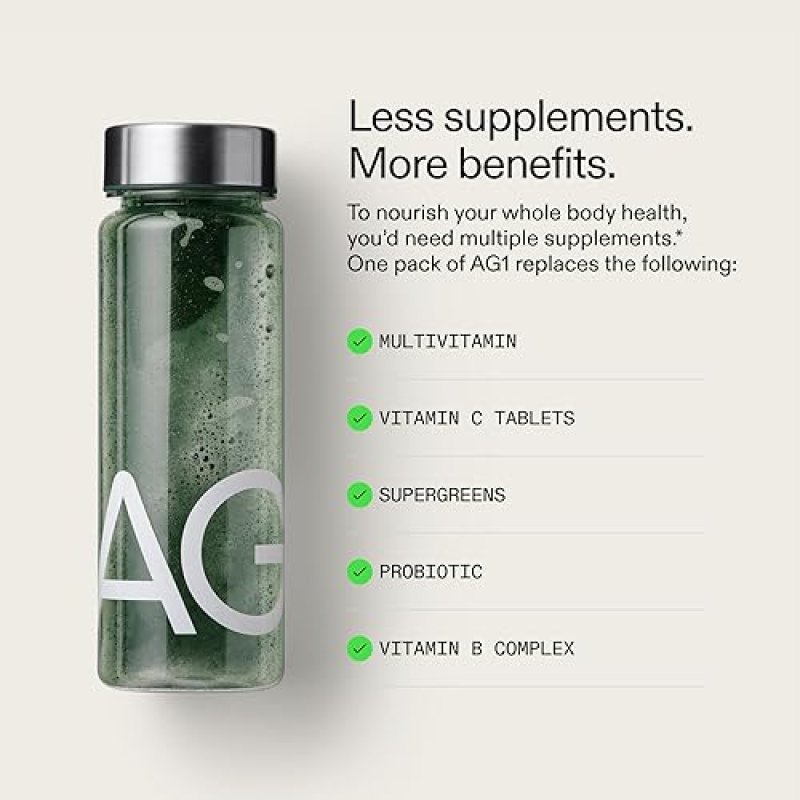 AG1 GREENS POWDER REFILL POUCH – 75 VITAMINS, MULTIVITAMIN & PROBIOTIC | GUT HEALTH SUPPORT | VEGAN,