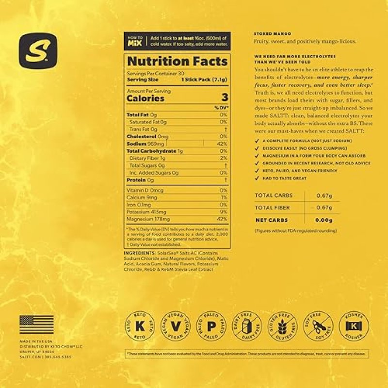 KETO CHOW SALTT ELECTROLYTES POWDER DRINK MIX - MANGO FLAVOR - 30 HYDRATION PACKETS - ZERO SUGAR, GLUTEN FREE