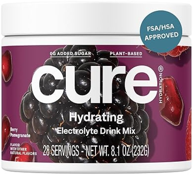 CURE HYDRATION PLANT-BASED ELECTROLYTE DRINK MIX WITH COCONUT WATER | NO ADDED SUGAR | FSA & HSA ELIGIBLE | NON-GMO | VEGAN | 28 SERVINGS - BERRY POMEGRANATE