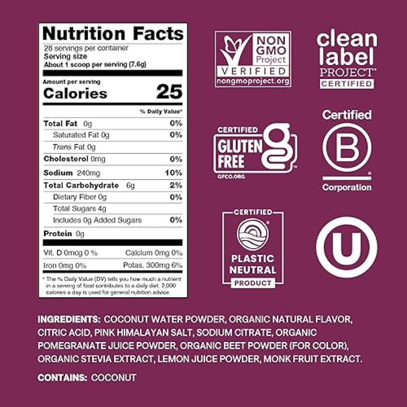 CURE HYDRATION PLANT-BASED ELECTROLYTE DRINK MIX WITH COCONUT WATER | NO ADDED SUGAR | FSA & HSA ELIGIBLE | NON-GMO | VEGAN | 28 SERVINGS - BERRY POMEGRANATE