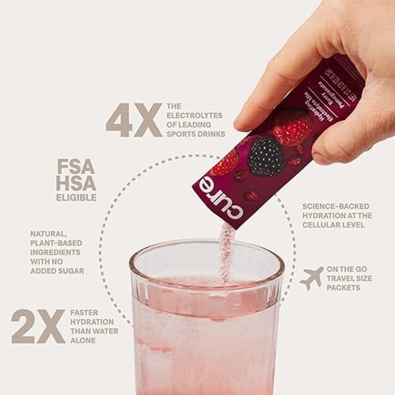 CURE HYDRATION PLANT-BASED ELECTROLYTE DRINK MIX WITH COCONUT WATER | NO ADDED SUGAR | FSA & HSA ELIGIBLE | NON-GMO | VEGAN | 28 SERVINGS - BERRY POMEGRANATE