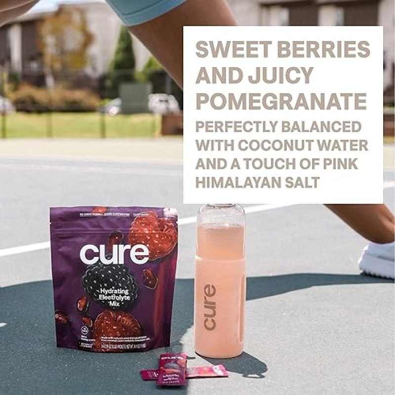 CURE HYDRATION PLANT-BASED ELECTROLYTE DRINK MIX WITH COCONUT WATER | NO ADDED SUGAR | FSA & HSA ELIGIBLE | NON-GMO | VEGAN | 28 SERVINGS - BERRY POMEGRANATE