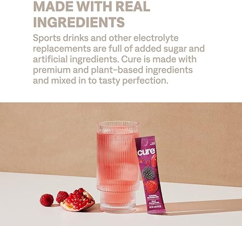 CURE HYDRATION PLANT-BASED ELECTROLYTE DRINK MIX WITH COCONUT WATER | NO ADDED SUGAR | FSA & HSA ELIGIBLE | NON-GMO | VEGAN | 28 SERVINGS - BERRY POMEGRANATE