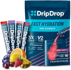DRIPDROP HYDRATION PACKETS VARIETY PACK - ELECTROLYTE POWDER MIX - GRAPE, FRUIT PUNCH, STRAWBERRY LEMONADE, CHERRY - NON-GMO, GLUTEN-FREE, VEGAN - 16 STICKS