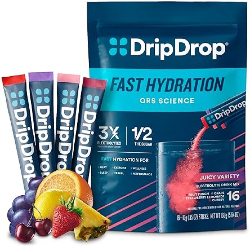 DRIPDROP HYDRATION PACKETS VARIETY PACK - ELECTROLYTE POWDER MIX - GRAPE, FRUIT PUNCH, STRAWBERRY LEMONADE, CHERRY - NON-GMO, GLUTEN-FREE, VEGAN - 16 STICKS