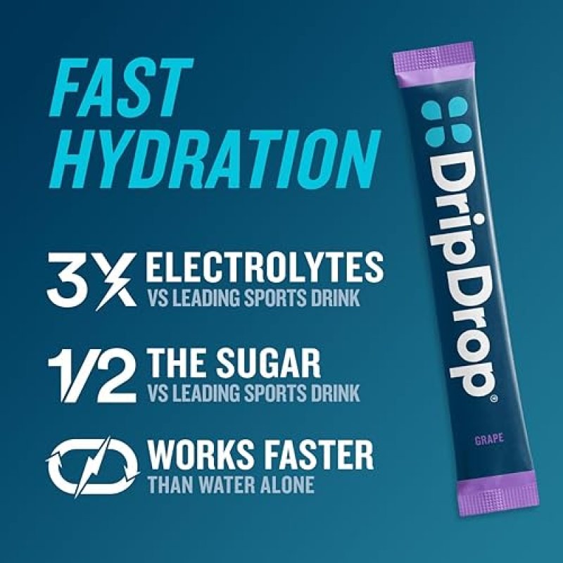 DRIPDROP HYDRATION PACKETS VARIETY PACK - ELECTROLYTE POWDER MIX - GRAPE, FRUIT PUNCH, STRAWBERRY LEMONADE, CHERRY - NON-GMO, GLUTEN-FREE, VEGAN - 16 STICKS