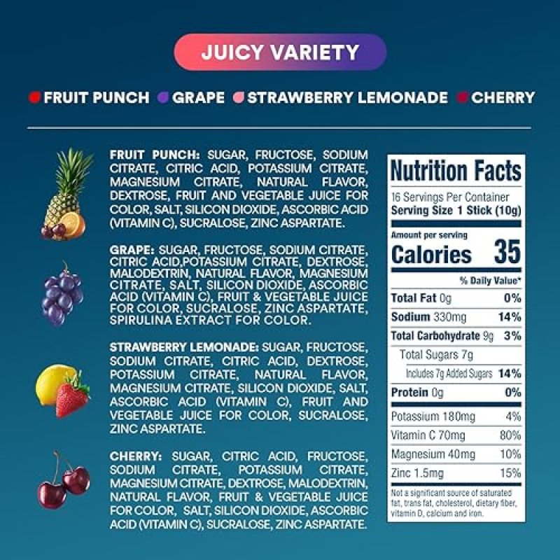 DRIPDROP HYDRATION PACKETS VARIETY PACK - ELECTROLYTE POWDER MIX - GRAPE, FRUIT PUNCH, STRAWBERRY LEMONADE, CHERRY - NON-GMO, GLUTEN-FREE, VEGAN - 16 STICKS