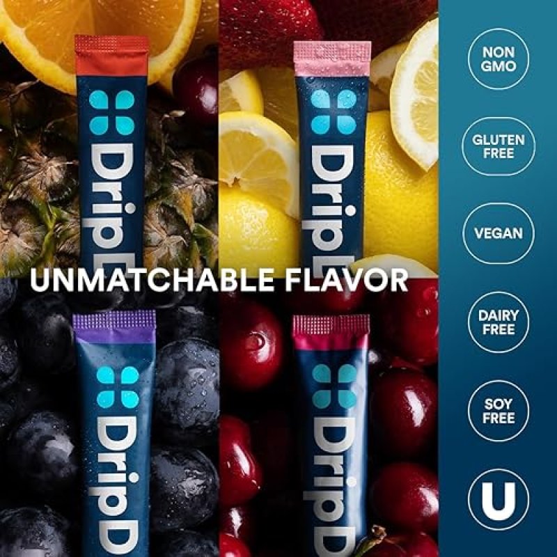 DRIPDROP HYDRATION PACKETS VARIETY PACK - ELECTROLYTE POWDER MIX - GRAPE, FRUIT PUNCH, STRAWBERRY LEMONADE, CHERRY - NON-GMO, GLUTEN-FREE, VEGAN - 16 STICKS