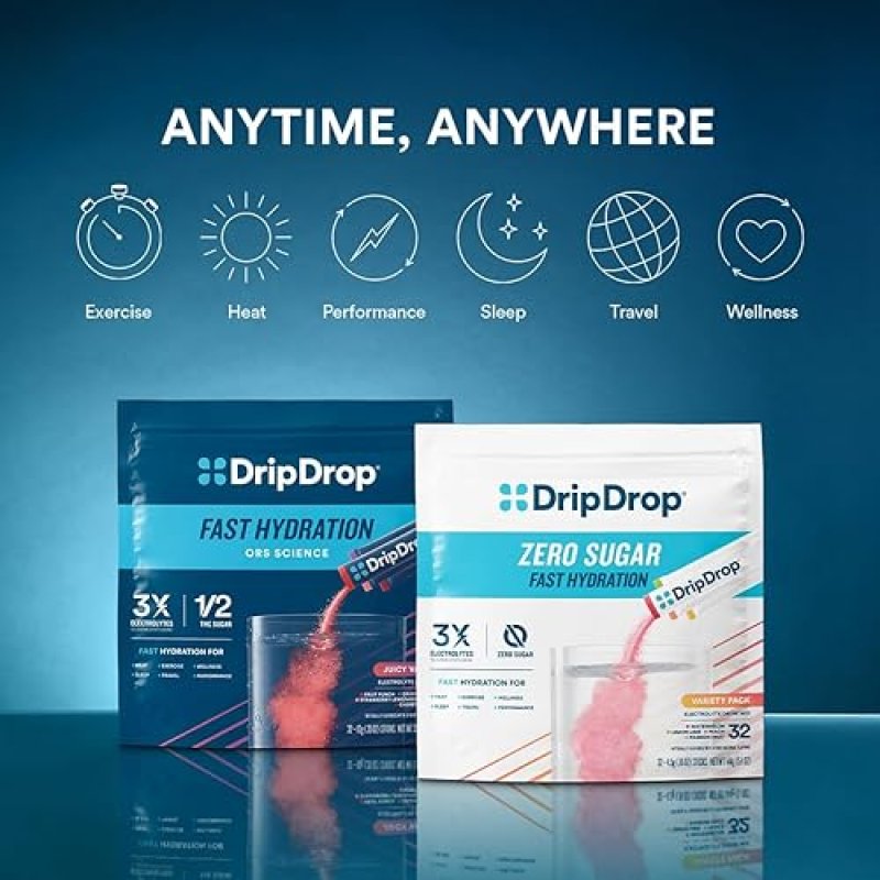 DRIPDROP HYDRATION PACKETS VARIETY PACK - ELECTROLYTE POWDER MIX - GRAPE, FRUIT PUNCH, STRAWBERRY LEMONADE, CHERRY - NON-GMO, GLUTEN-FREE, VEGAN - 16 STICKS