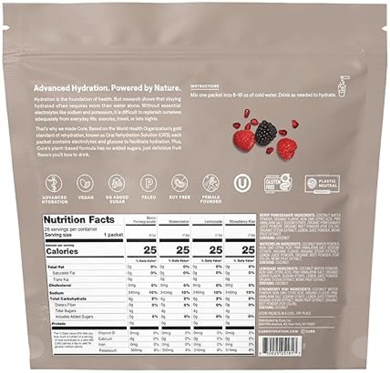 CURE HYDRATION PLANT-BASED ELECTROLYTE DRINK MIX | COCONUT WATER | NON-GMO | VEGAN | 28 PACKETS