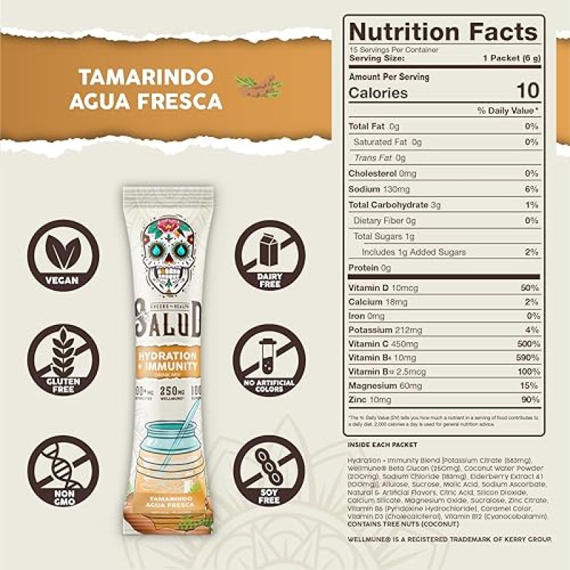 TASTE SALUD TAMARINDO HYDRATION & IMMUNITY ELECTROLYTE POWDER MIX - ELDERBERRY, VEGAN, LOW CAL, NON-GMO (15 SERVINGS)
