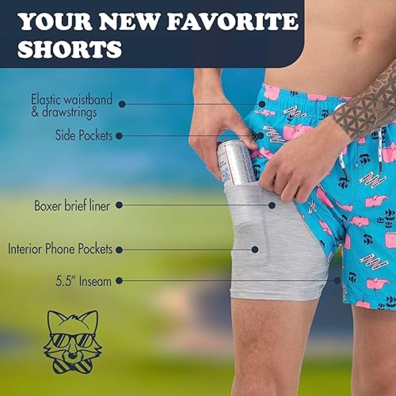 PARTY PANTS USA MEN'S SPORT LINER SHORTS, 5.5” INSEAM - SUPER STAR DESIGN