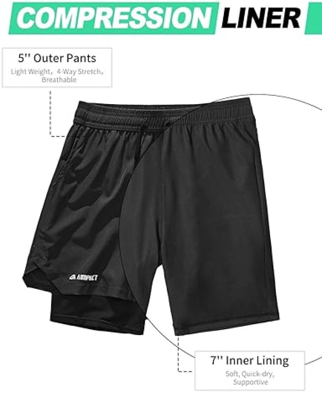AIMPACT MEN'S 2-IN-1 COMPRESSION GYM SHORTS WITH PHONE POCKETS - 7 INCH