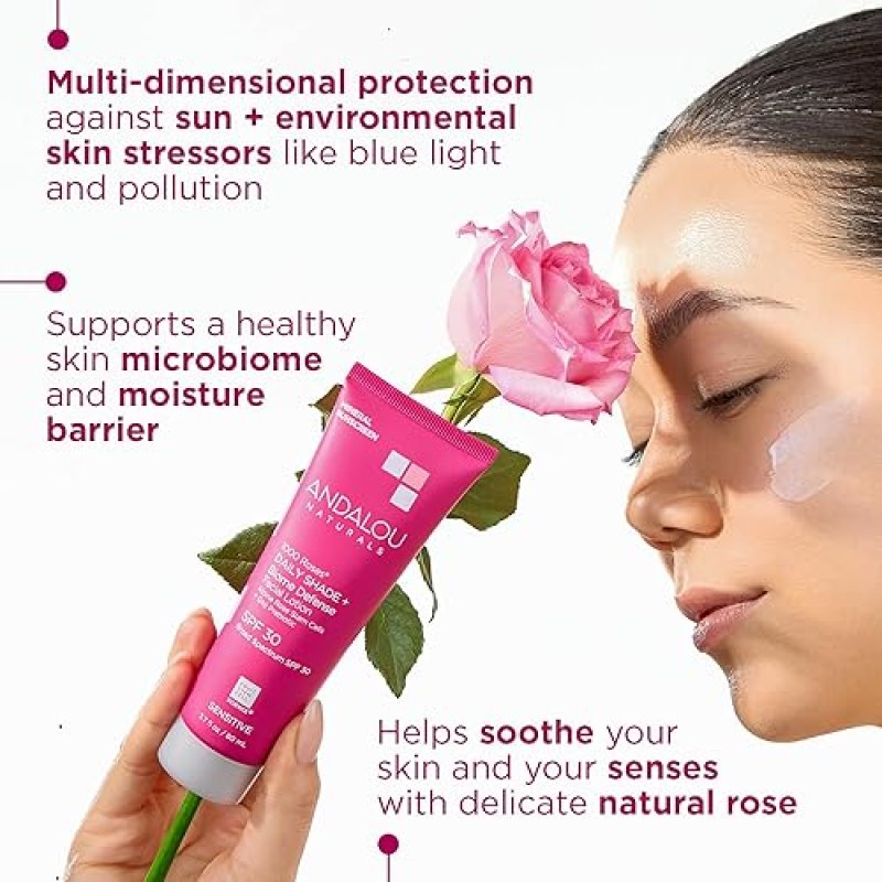 BWX BRANDS ANDALOU NATURALS 1000 ROSES SPF 30 MINERAL SUNSCREEN - GENTLE & SOOTHING FOR SENSITIVE SKIN - 2.7 FL OZ