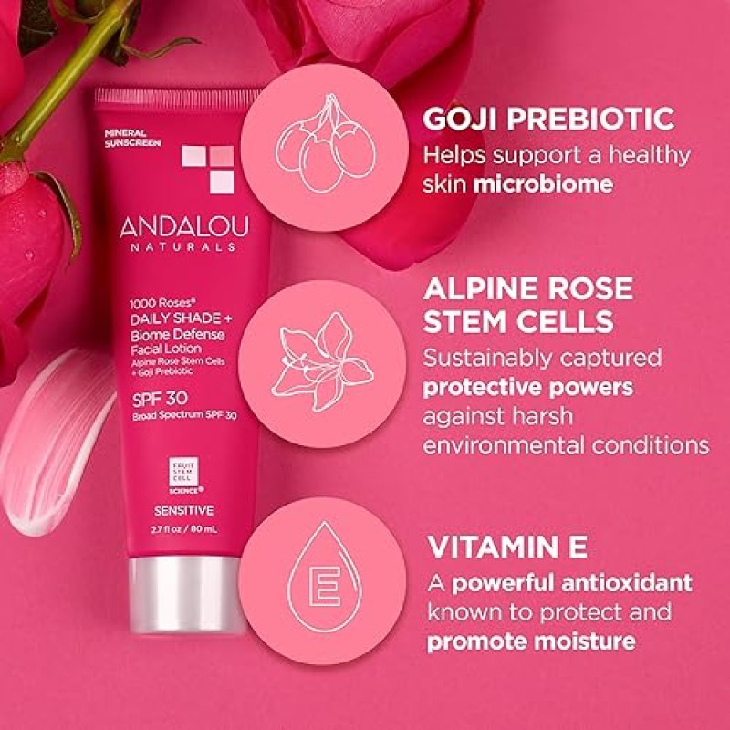 BWX BRANDS ANDALOU NATURALS 1000 ROSES SPF 30 MINERAL SUNSCREEN - GENTLE & SOOTHING FOR SENSITIVE SKIN - 2.7 FL OZ