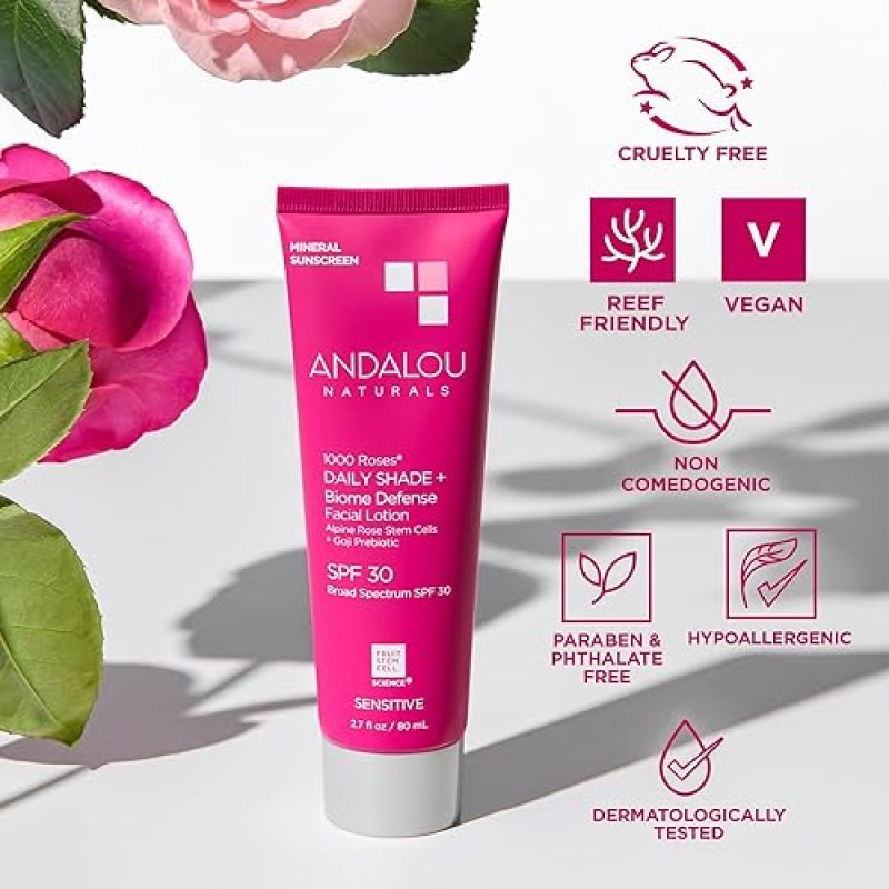 BWX BRANDS ANDALOU NATURALS 1000 ROSES SPF 30 MINERAL SUNSCREEN - GENTLE & SOOTHING FOR SENSITIVE SKIN - 2.7 FL OZ