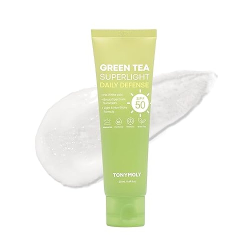 TONYMOLY GREEN TEA KOREAN FACE SUNSCREEN SPF 50, TRAVEL SIZE, BROAD SPECTRUM UV PROTECTION, NIACINAMIDE & HYALURONIC ACID, 50ML