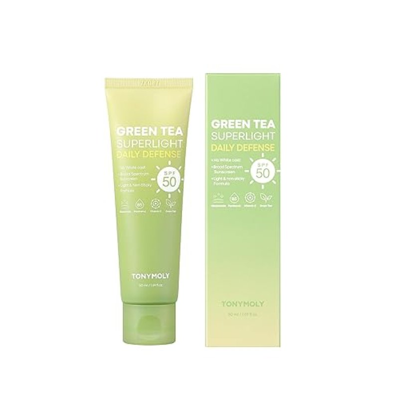 TONYMOLY GREEN TEA KOREAN FACE SUNSCREEN SPF 50, TRAVEL SIZE, BROAD SPECTRUM UV PROTECTION, NIACINAMIDE & HYALURONIC ACID, 50ML