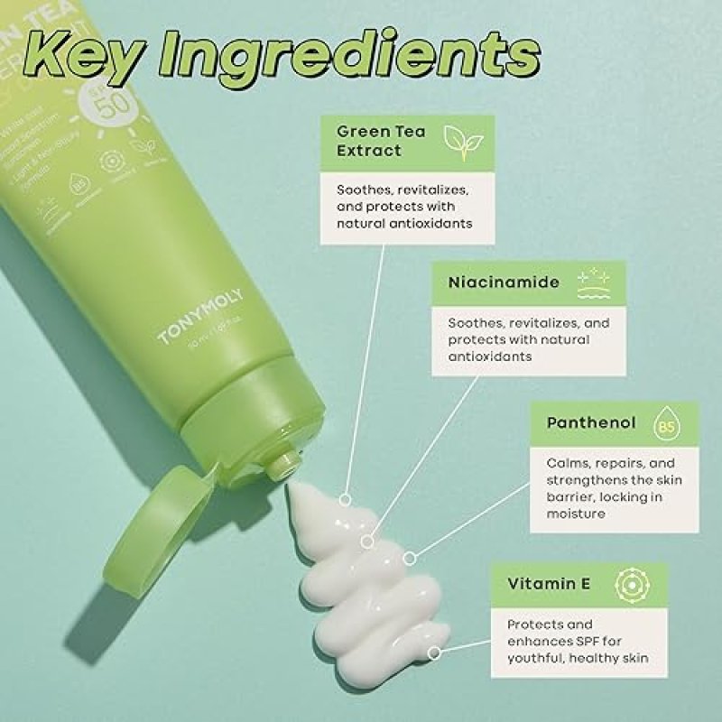 TONYMOLY GREEN TEA KOREAN FACE SUNSCREEN SPF 50, TRAVEL SIZE, BROAD SPECTRUM UV PROTECTION, NIACINAMIDE & HYALURONIC ACID, 50ML