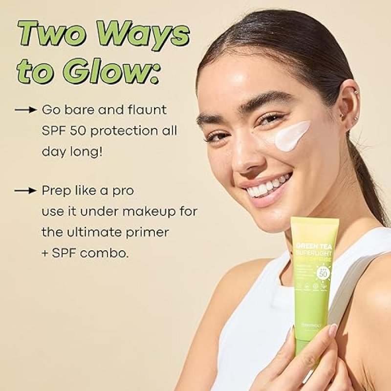 TONYMOLY GREEN TEA KOREAN FACE SUNSCREEN SPF 50, TRAVEL SIZE, BROAD SPECTRUM UV PROTECTION, NIACINAMIDE & HYALURONIC ACID, 50ML