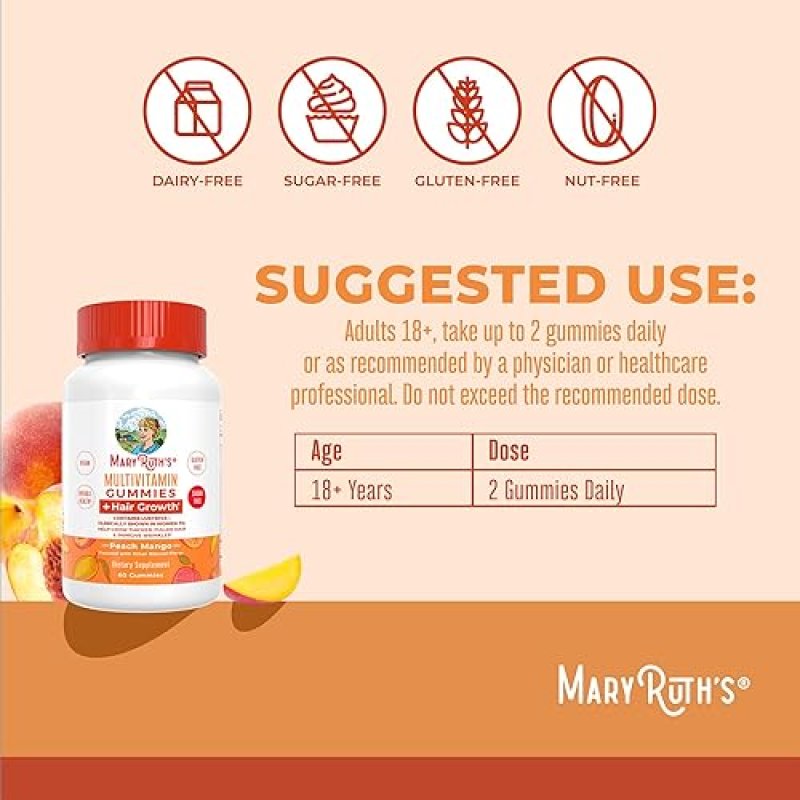 MARYRUTH'S HAIR GROWTH GUMMIES WITH BIOTIN 10000MCG & B VITAMINS FOR THICKER HAIR, SKIN CARE | 30 SERVINGS