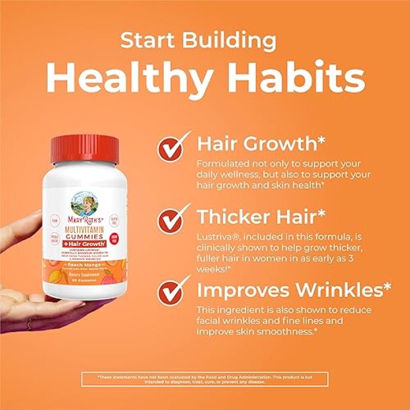 MARYRUTH'S HAIR GROWTH GUMMIES WITH BIOTIN 10000MCG & B VITAMINS FOR THICKER HAIR, SKIN CARE | 30 SERVINGS