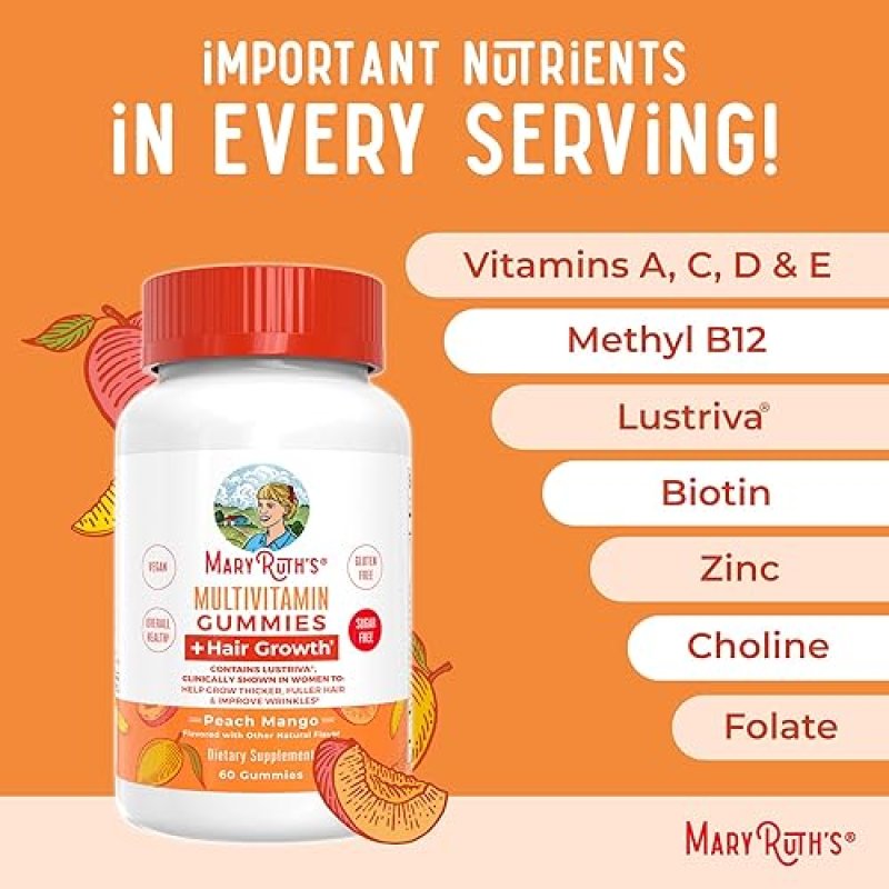 MARYRUTH'S HAIR GROWTH GUMMIES WITH BIOTIN 10000MCG & B VITAMINS FOR THICKER HAIR, SKIN CARE | 30 SERVINGS