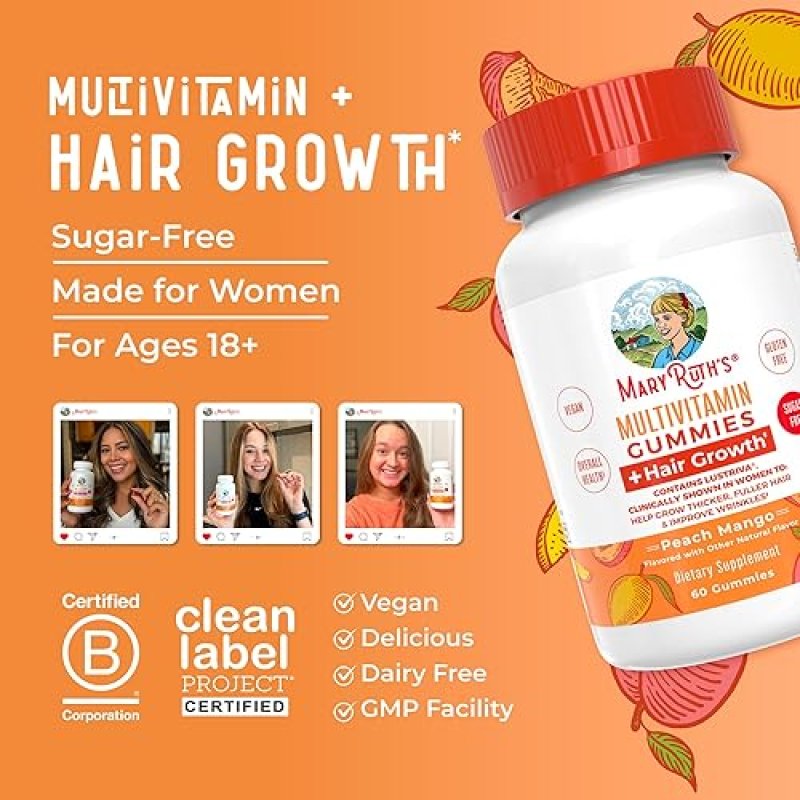 MARYRUTH'S HAIR GROWTH GUMMIES WITH BIOTIN 10000MCG & B VITAMINS FOR THICKER HAIR, SKIN CARE | 30 SERVINGS