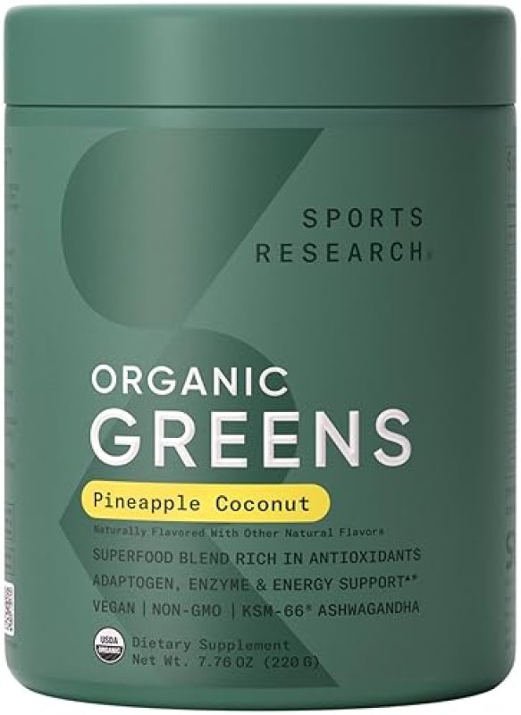 SPORTS RESEARCH ORGANIC PINEAPPLE COCONUT GREENS POWDER - DIGESTIVE HEALTH & NATURAL ENERGY BOOST - CERTIFIED ORGANIC - 20 SERVINGS