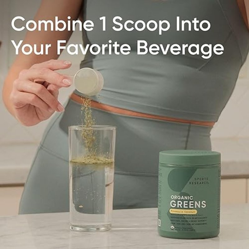 SPORTS RESEARCH ORGANIC PINEAPPLE COCONUT GREENS POWDER - DIGESTIVE HEALTH & NATURAL ENERGY BOOST - CERTIFIED ORGANIC - 20 SERVINGS