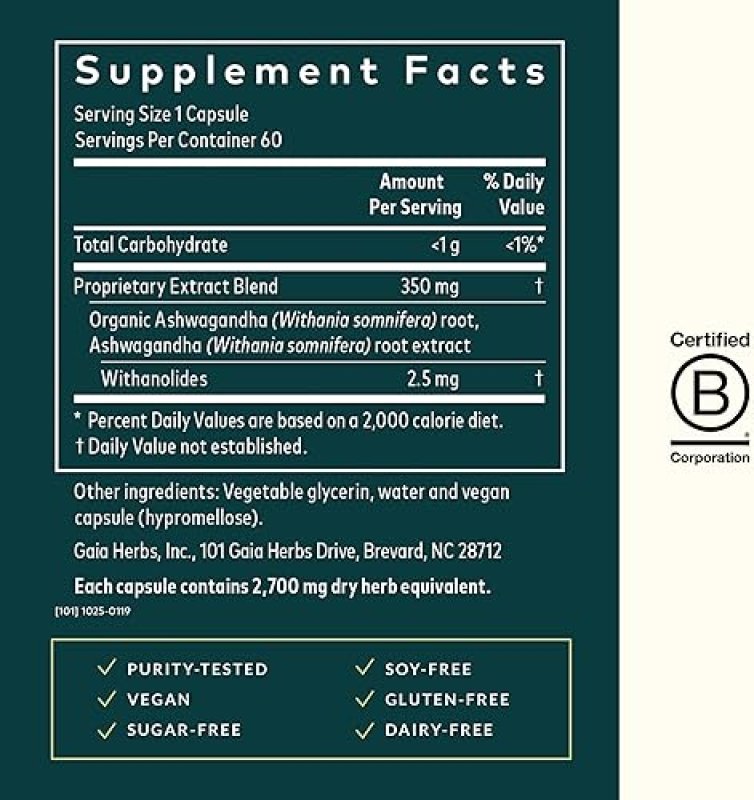 GAIA HERBS ORGANIC ASHWAGANDHA ROOT CAPSULES FOR STRESS RELIEF & IMMUNE SUPPORT - 60 VEGAN CAPSULES