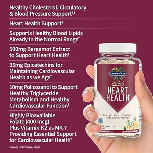 GARDEN OF LIFE HERBALS HEART HEALTH SUPPLEMENT WITH FOLATE & BERGAMOT - CHOLESTEROL SUPPORT, NON-GMO, GLUTEN-FREE - CITRUS FLAVOR