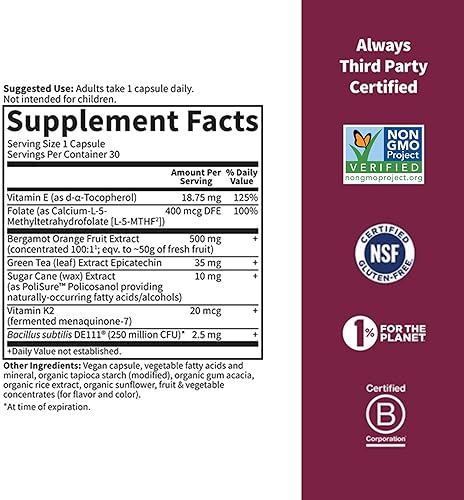 GARDEN OF LIFE HERBALS HEART HEALTH SUPPLEMENT WITH FOLATE & BERGAMOT - CHOLESTEROL SUPPORT, NON-GMO, GLUTEN-FREE - CITRUS FLAVOR