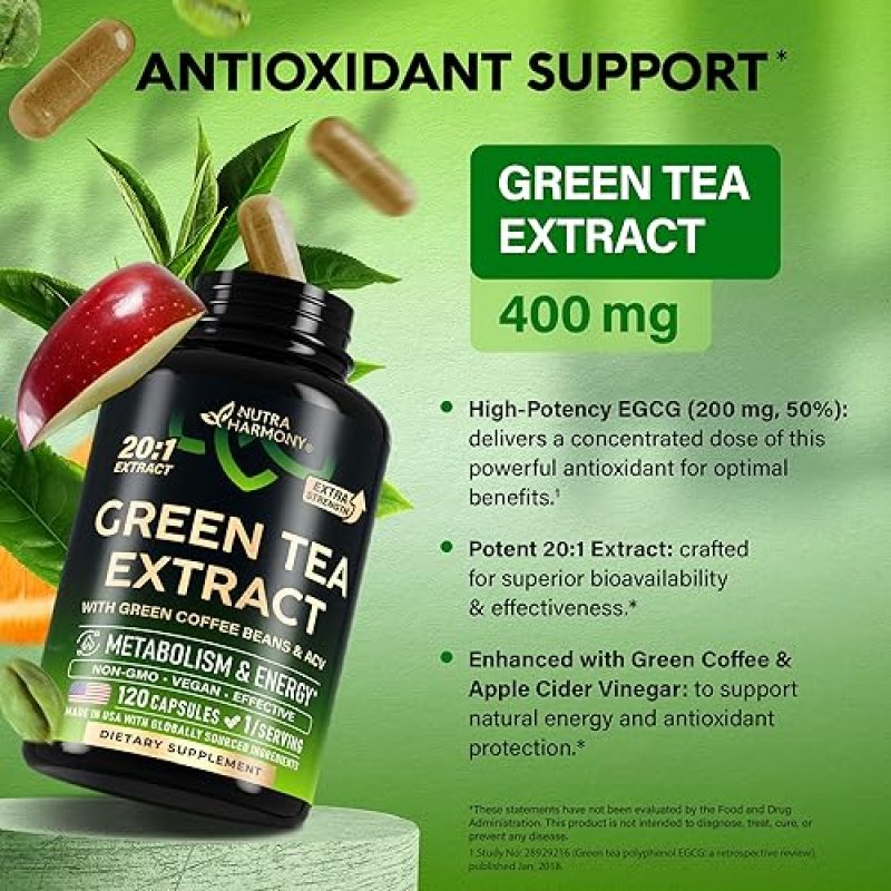 DISTRIBUTED GREEN TEA EXTRACT CAPSULES WITH GREEN COFFEE & APPLE CIDER VINEGAR - ENERGY & METABOLISM SUPPORT - 120 CAPSULES