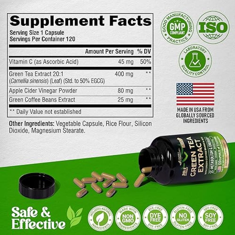 DISTRIBUTED GREEN TEA EXTRACT CAPSULES WITH GREEN COFFEE & APPLE CIDER VINEGAR - ENERGY & METABOLISM SUPPORT - 120 CAPSULES
