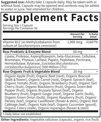GARDEN OF LIFE B12 CAPSULES - VEGAN WHOLE FOOD B-12 FOR ENERGY - 1,000MCG METHYLCOBALAMIN - PROBIOTICS & ENZYMES - GLUTEN