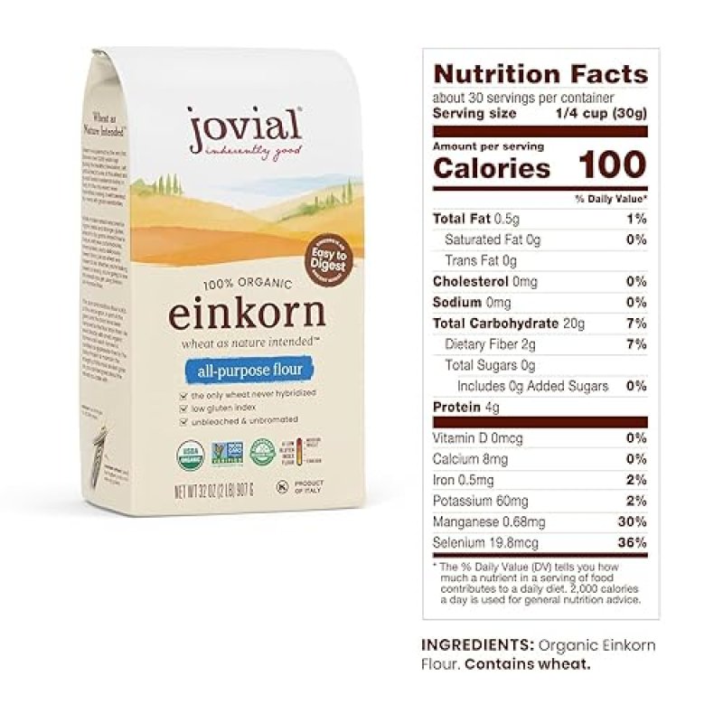 JOVIAL ORGANIC EINKORN BREAD BAKING FLOUR - HIGH PROTEIN, NON-GMO, GLYPHOSATE-FREE - 32 OZ