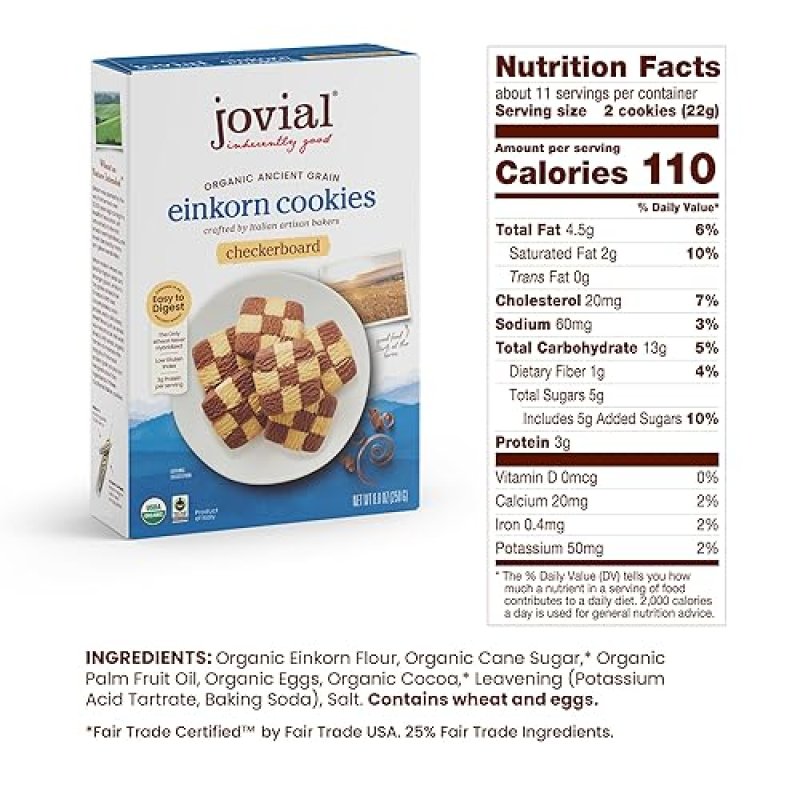 JOVIAL ORGANIC EINKORN CHECKERBOARD COOKIES: HIGH PROTEIN, FAIR TRADE, ALL NATURAL, LOW CARB - 8.8 OZ, PACK OF 6