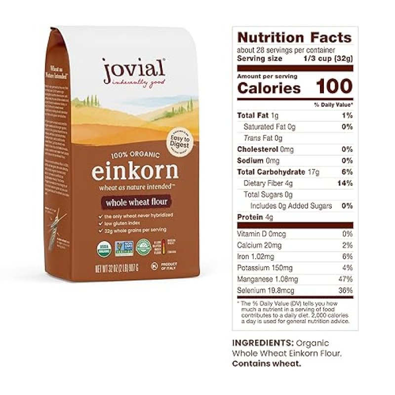 JOVIAL ORGANIC EINKORN WHOLE WHEAT FLOUR - HIGH PROTEIN SOURDOUGH BREAD & PIZZA FLOUR - 32 OZ, 2 PACK
