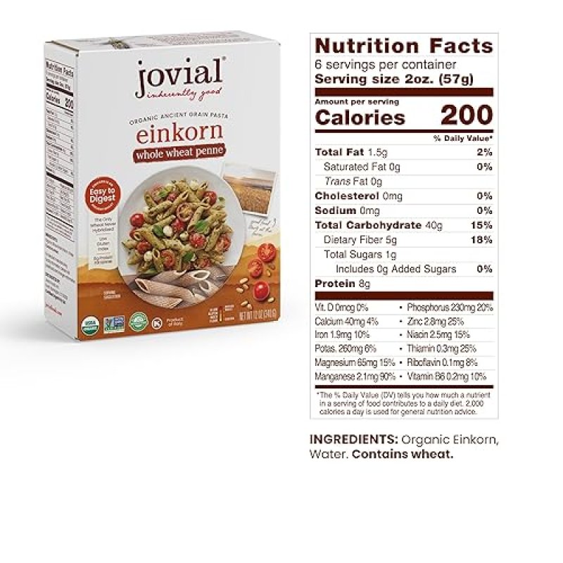 JOVIAL EINKORN WHOLE GRAIN PENNE RIGATE PASTA - HIGH PROTEIN, NON-GMO, USDA CERTIFIED, MADE IN ITALY - 12 OZ, 6 PACK