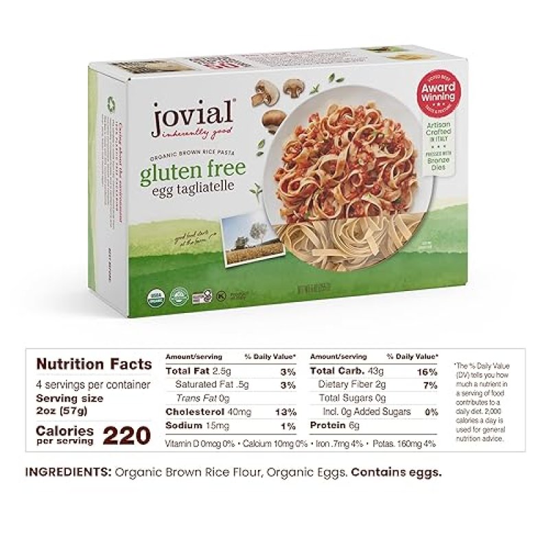 JOVIAL ORGANIC BROWN RICE EGG TAGLIATELLE PASTA - GLUTEN-FREE, DAIRY-FREE, WHOLE GRAIN - MADE IN ITALY - 9 OZ, 4 PACK