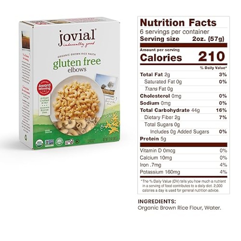 JOVIAL ORGANIC BROWN RICE PASTA ELBOWS - GLUTEN & DAIRY FREE, WHOLE GRAIN, MADE IN ITALY - 12 OZ, 4 PACK