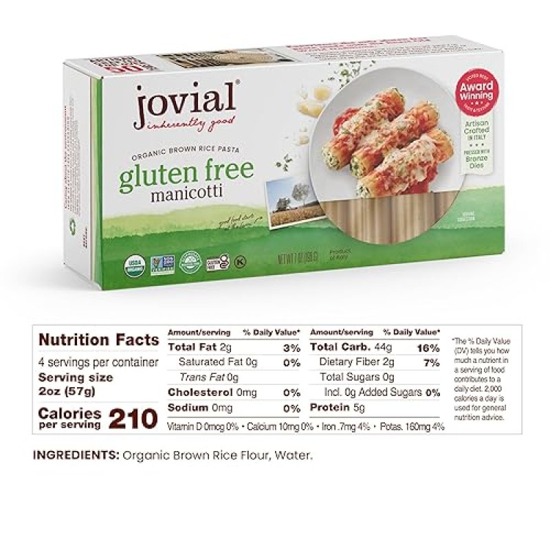 JOVIAL ORGANIC GLUTEN-FREE BROWN RICE MANICOTTI PASTA - WHOLE GRAIN ITALIAN PASTA - 14 OZ
