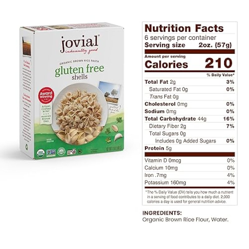 JOVIAL WHOLE GRAIN BROWN RICE PASTA SHELLS - ORGANIC GLUTEN-FREE SHELL PASTA FROM ITALY - 12 OZ